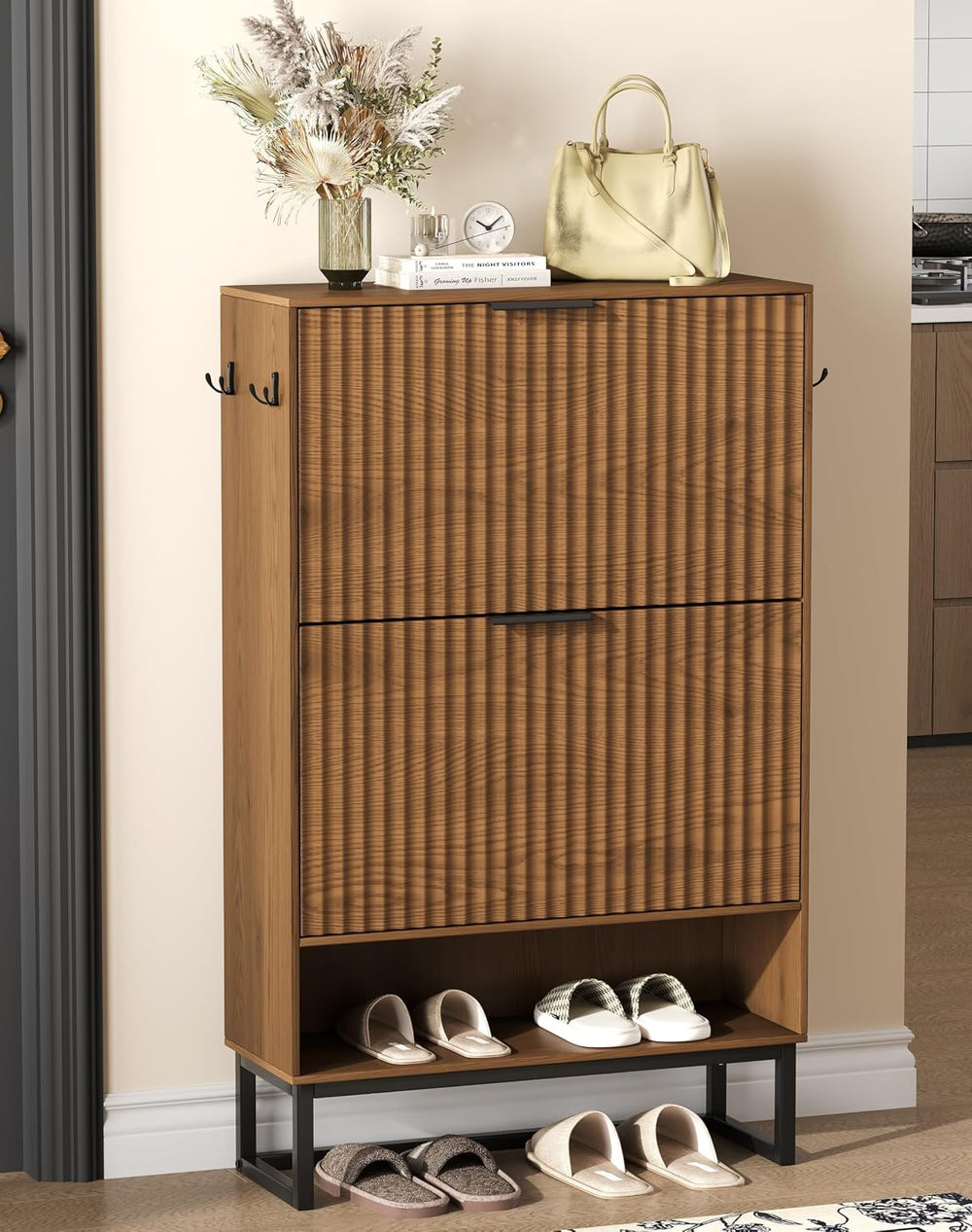 Akxomel Fluted Shoe Storage Cabinet, Narrow Hidden Shoe Rack Cabinet with Met...