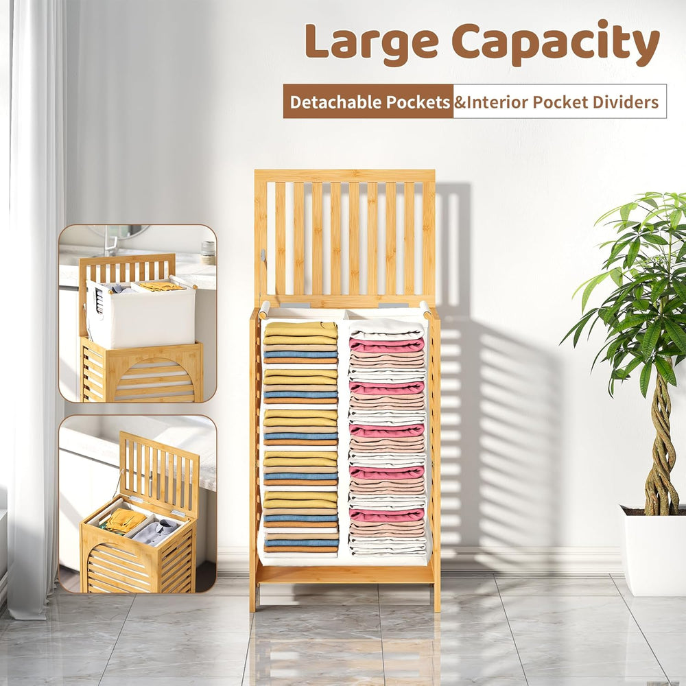 Laundry Hamper with Lid (16.9 * 13 * 26.5inches) Large Bamboo Laundry Bin Bas...