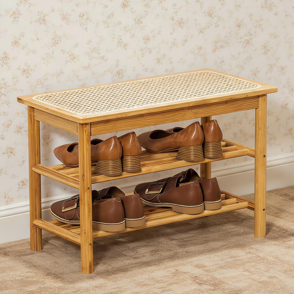 latifolia Shoe Rack Bench, 3-Tier Bamboo Shoe Bench with Breathable Rattan Se...