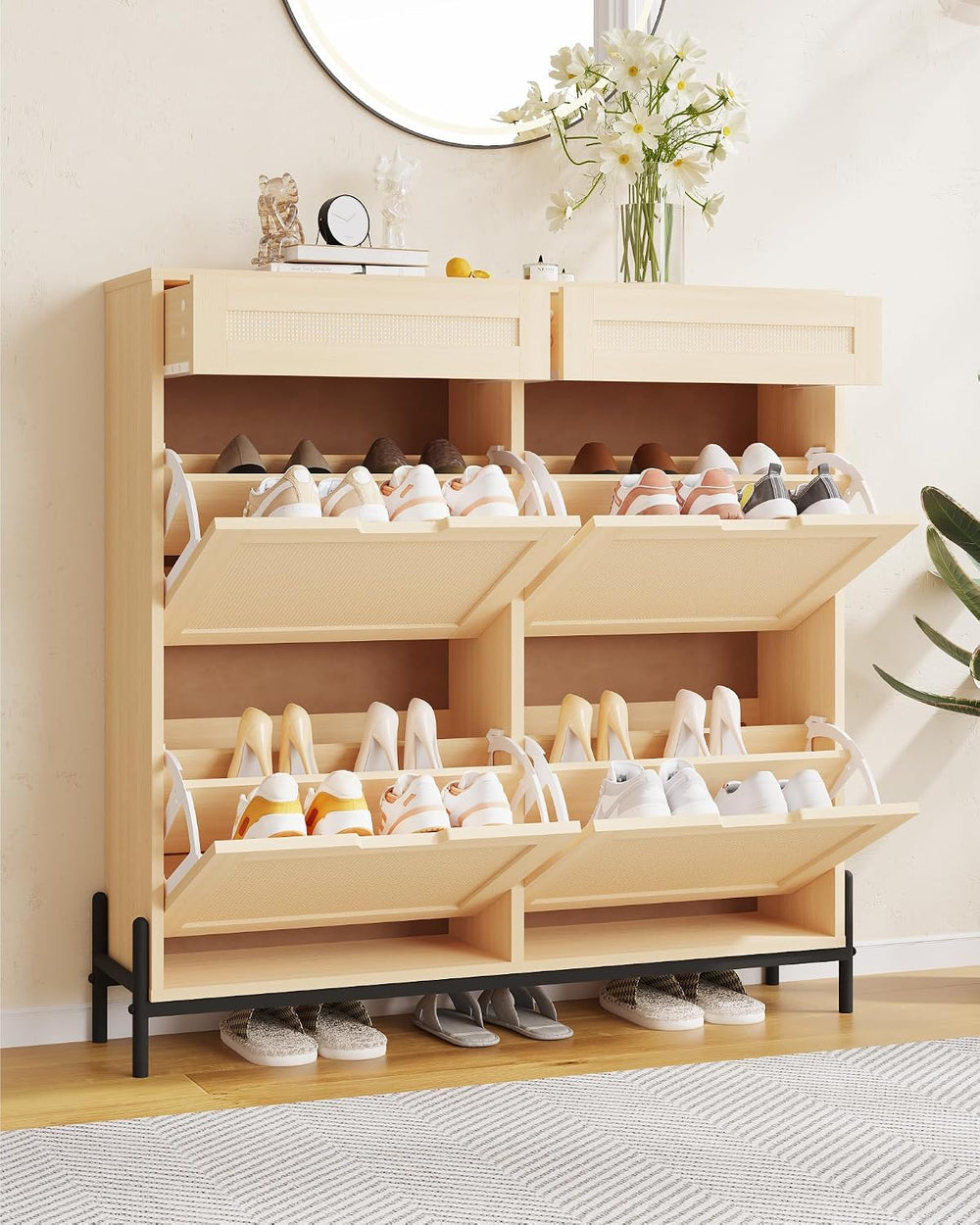 GarveeHome Rattan Shoe Cabinet Storage with 4 Flip Drawers & 2 Top Drawer...