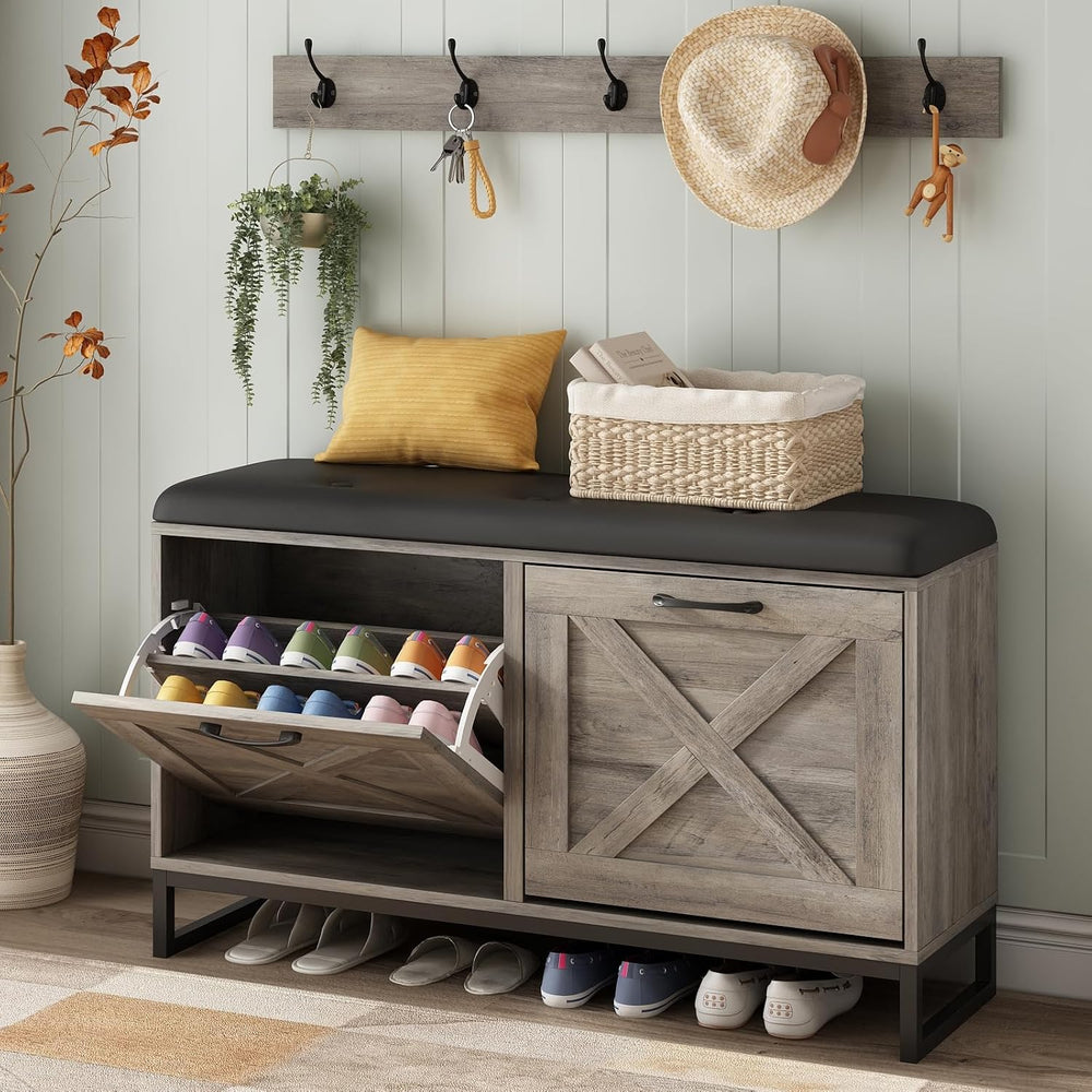 Maupvit Shoe Cabinet with 2 Flip Drawers & Coat Rack, Shoe Storage Bench ...