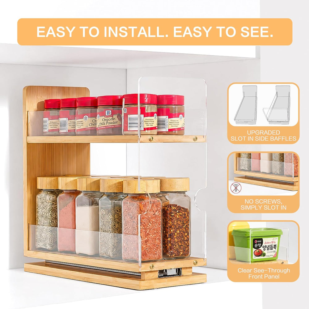 Bamboo 2-Tier Pull Out Spice Rack Organizer for Cabinet, 4.4" W Slide-Ou...
