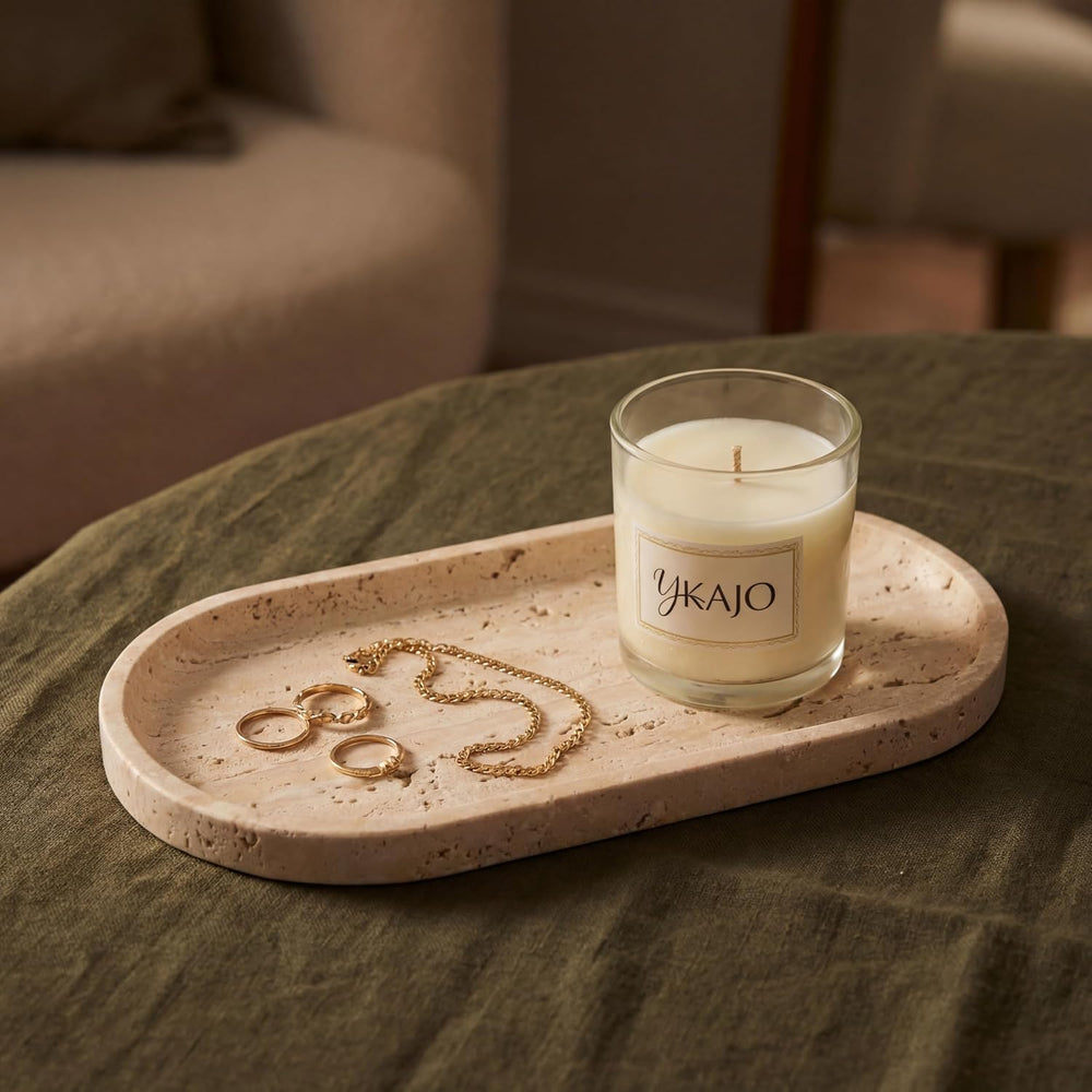 YKAJO Natural Travertine Beige Oval Marble Tray, 11.8x5.9 Vanity Organizer