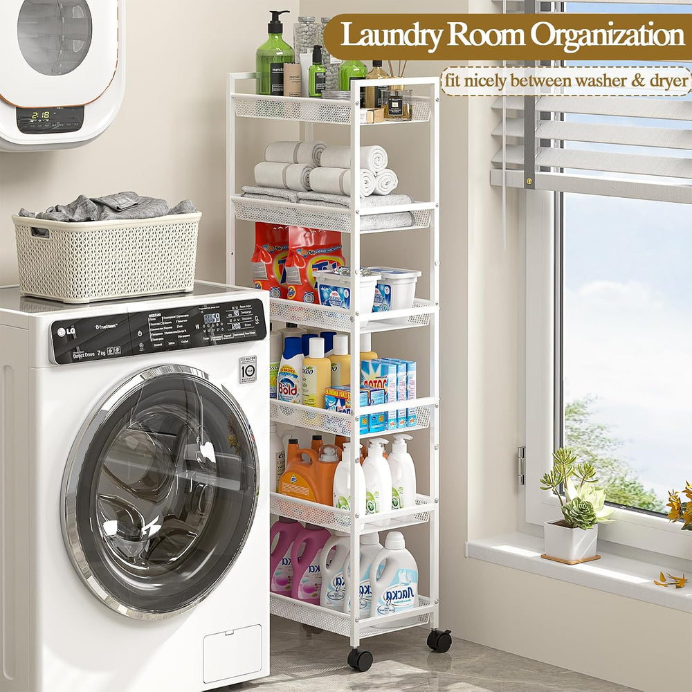 6 Tier Slim Rolling Storage Cart, Narrow Mobile Shelving Unit Organizer Utili...
