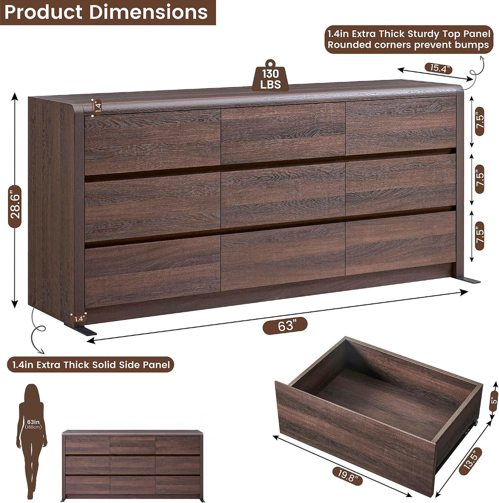 63” Wide Dresser for Bedroom, 9 Drawer Dresser, Walnut Dresser, Rounded Corne...