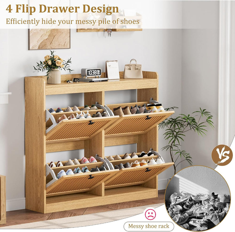 Garvee Shoe Storage Cabinet with 4 Flip Drawers, Wood Shoe Cabinet with Ratta...
