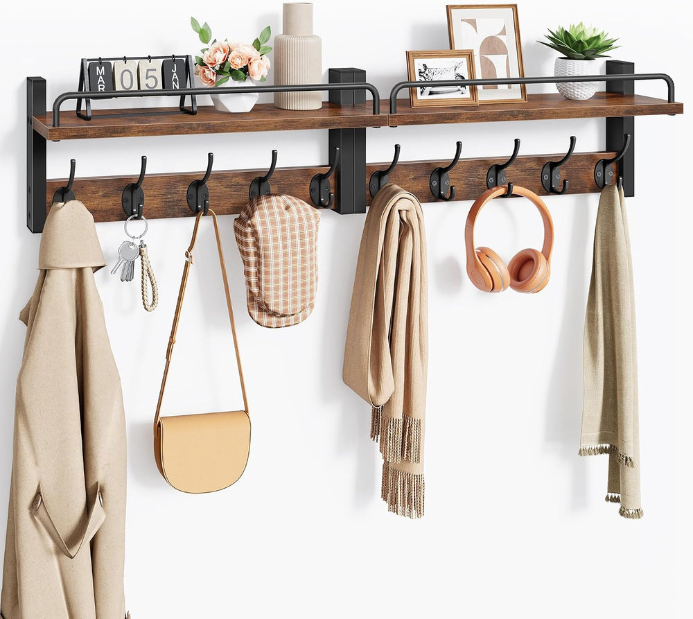 Tajsoon 32.6"(16.3"*2) Wall Hooks with Shelf and Guardrail, Rustic ...