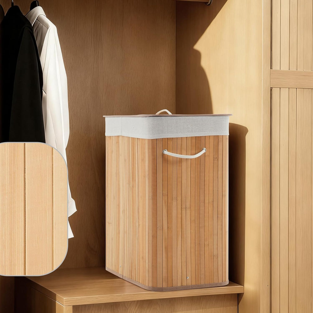 Slim Bamboo Laundry Hamper with Lid, 106L Large Collapsible Wooden Clothes Ba...