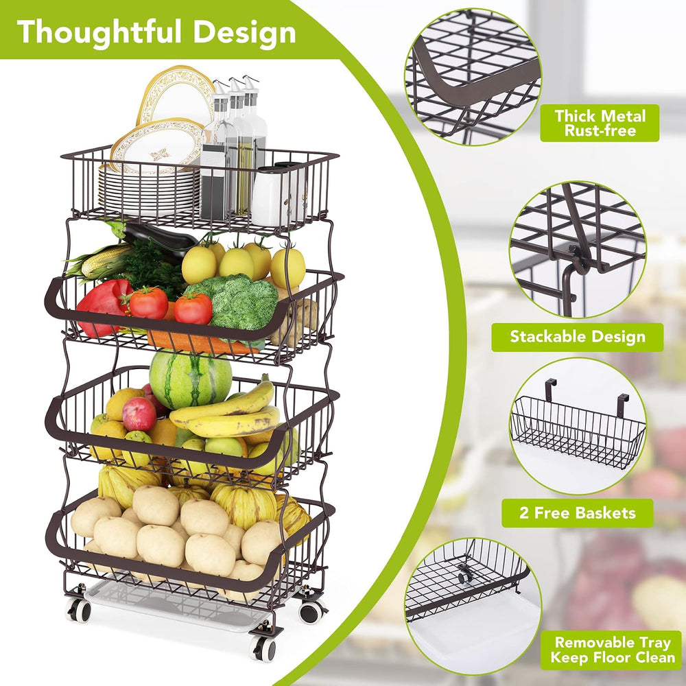 1Easylife Fruit Vegetable Basket, 4 Tier Stackable Metal Wire Basket Cart wit...