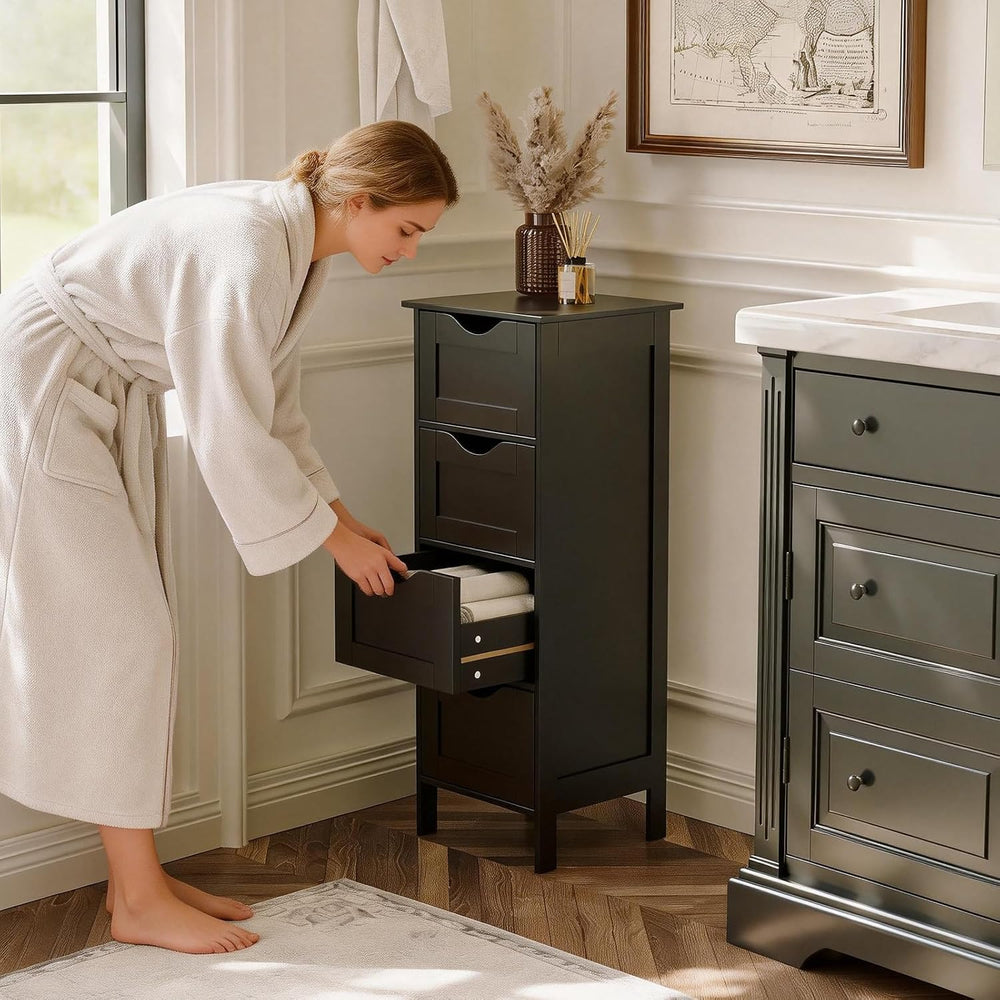VINGLI Black Bathroom Storage Cabinet with 4 Drawers, Slim Freestanding Floor...