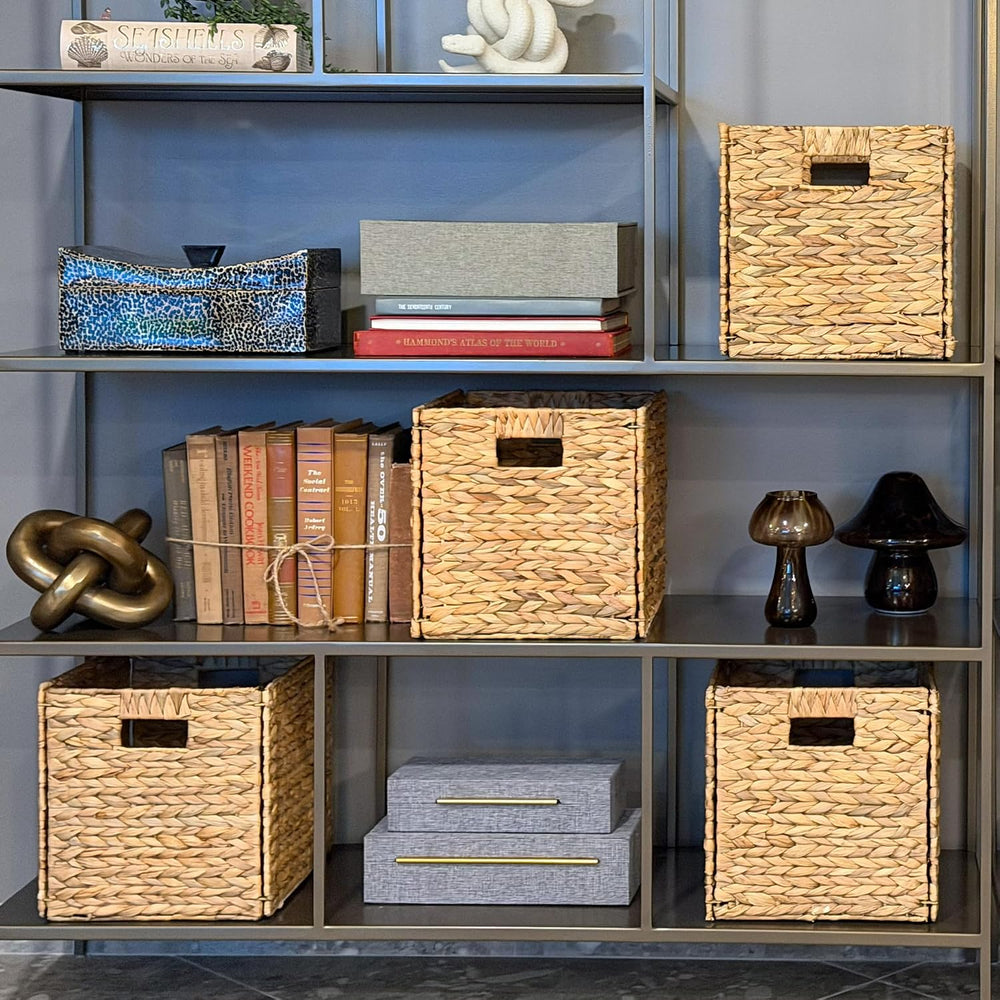 4 Hand-Woven Wicker Storage Baskets 13x11x11in, Water Hyacinth Shelf Bins