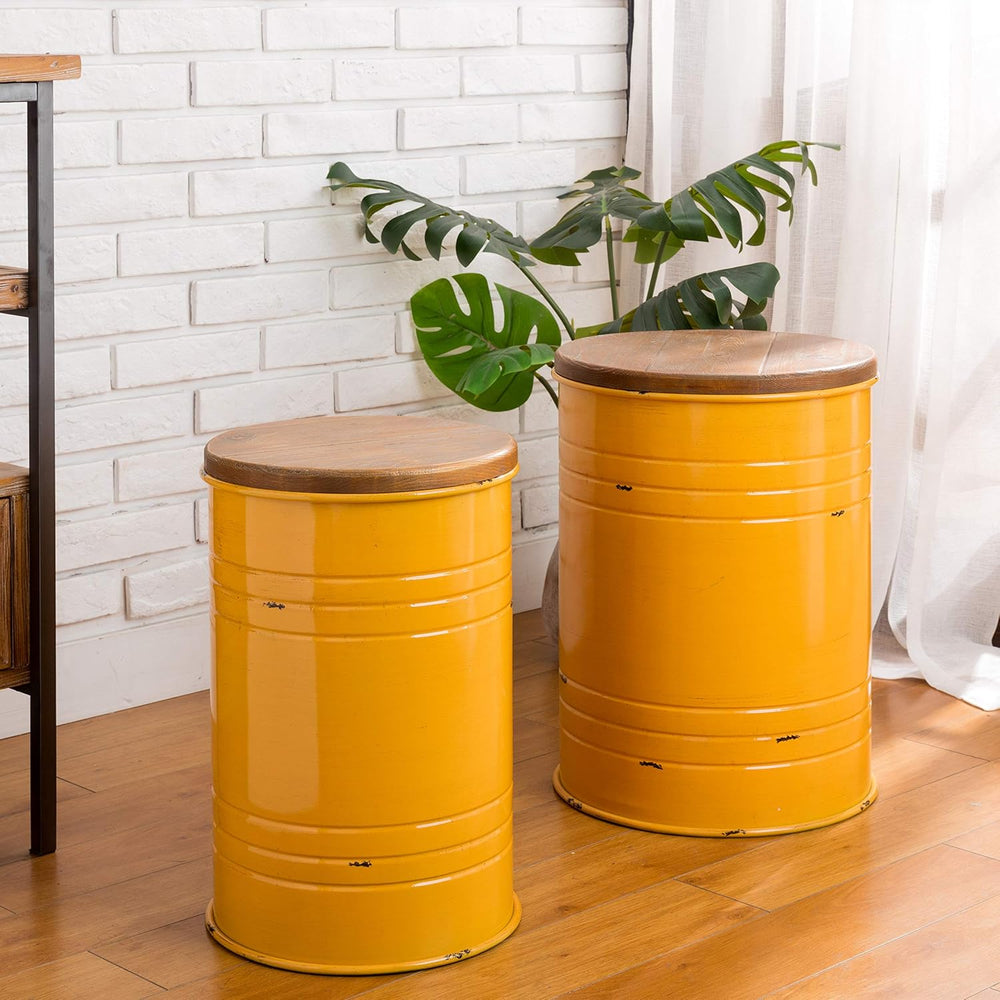 Glitzhome Rustic End Table Set of 2, Farmhouse Galvanized Metal Barrel Ottoma...