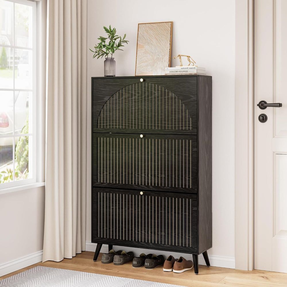 Fsbecl Shoe Storage Cabinet for Entryway with 3 Fluted Flip Drawers, Black