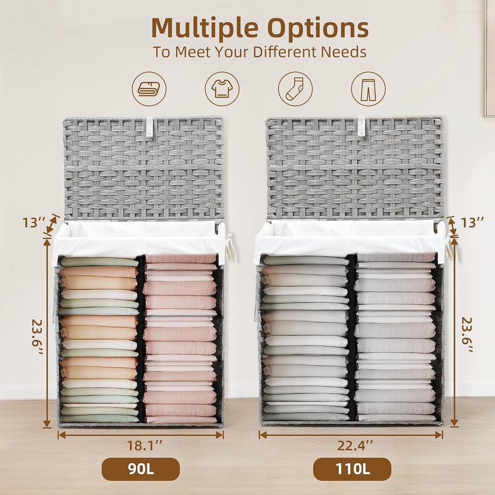 Woven Laundry Hamper with Lid, Large Rattan Clothes Hamper with Removable Mac...
