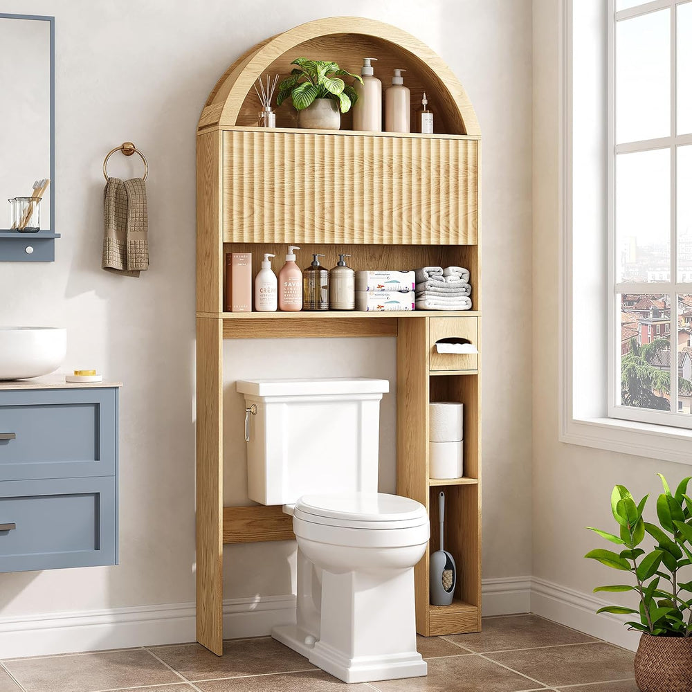 31" W Arched Over The Toilet Storage Cabinet, Fluted Doors, Natural