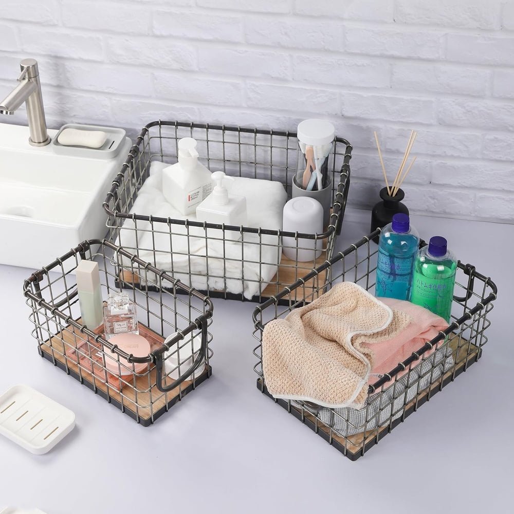 Set of 3 Rectangular Sturdy Hand Welded Farmhouse Metal Wire Basket with Rust...