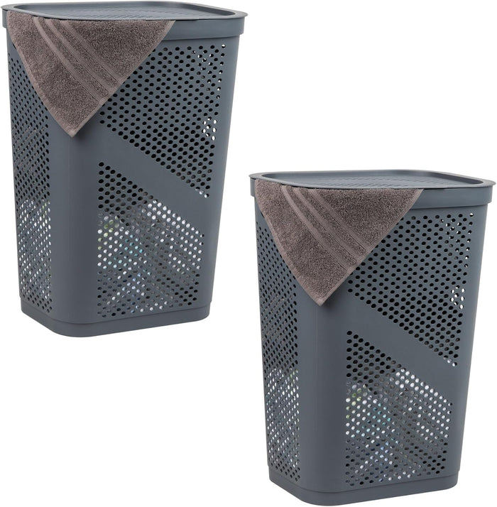 Mind Reader 60L Slim Laundry Hamper, Clothes Basket, Lid, Ventilated, Plastic, Set of 2, Gray