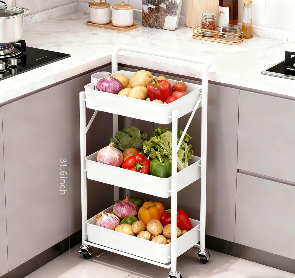 Foldable Rolling Cart 3-Tier Small Foldable Utility Storage Cart Multifunctio...