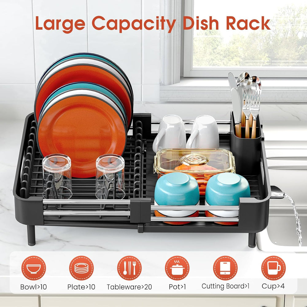 TOOLF Expandable Dish Drying Rack for Kitchen Counter, Standard, Black