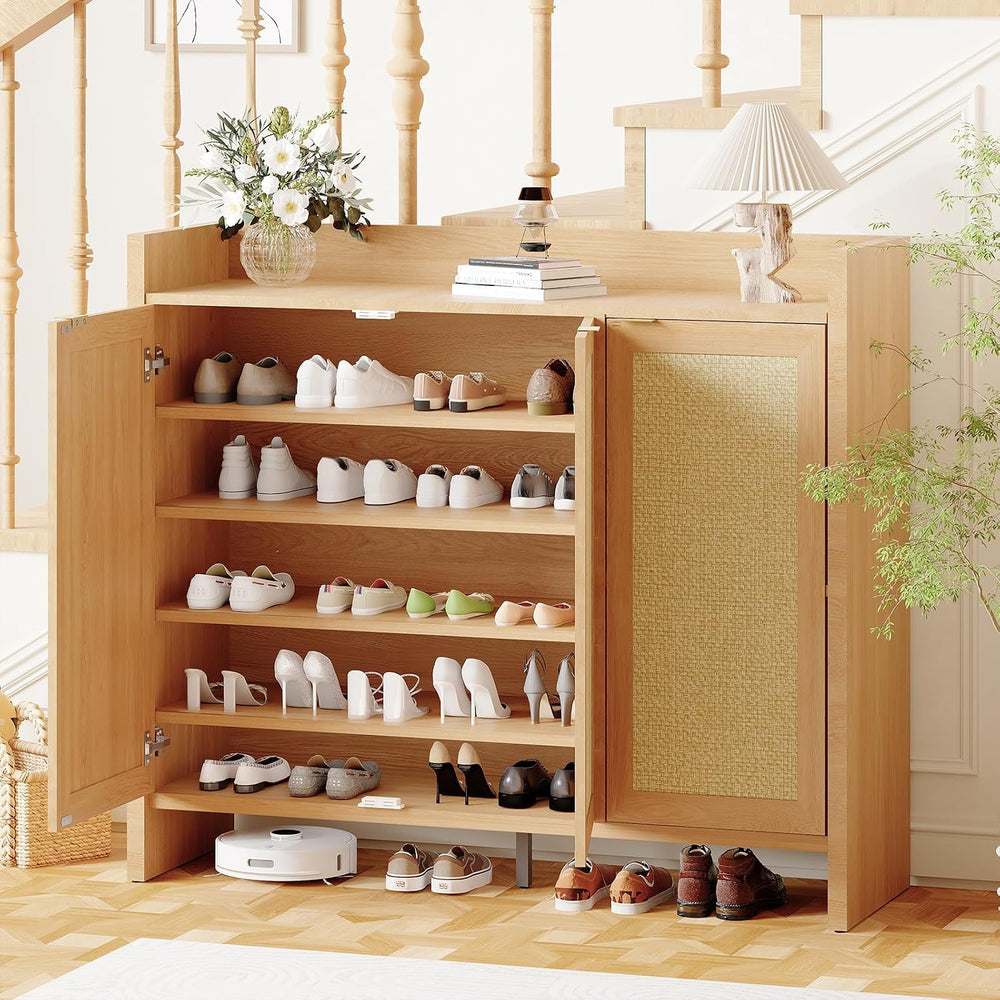 3 Door Rattan Shoe Cabinet for Entryway, Freestanding Wooden Shoe Rack with A...