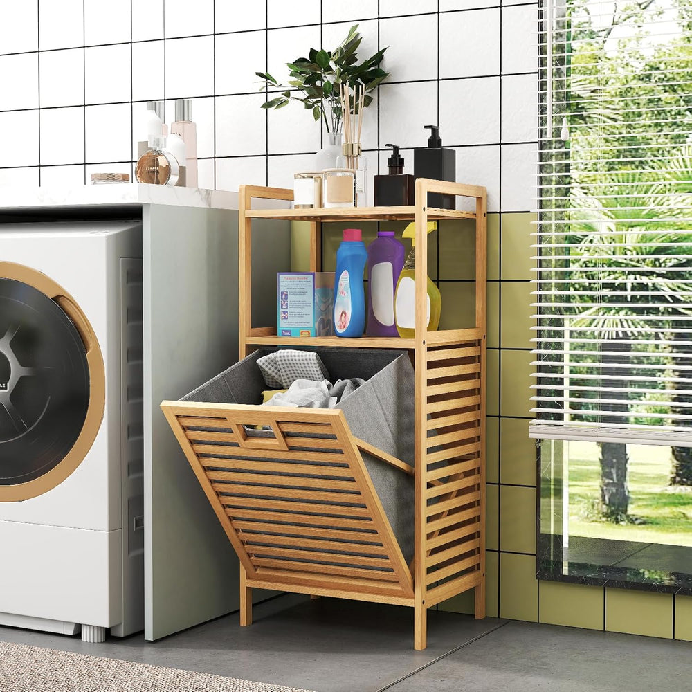 GOFLAME Tilt-out Laundry Hamper with 2-Tier Shelves, Bamboo Laundry Baskets O...