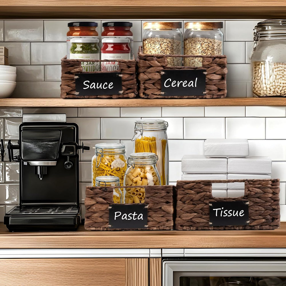 Set of 4 Sizes Hand-Woven Pantry Shelf Baskets, Hyacinth Storage Baskets with...