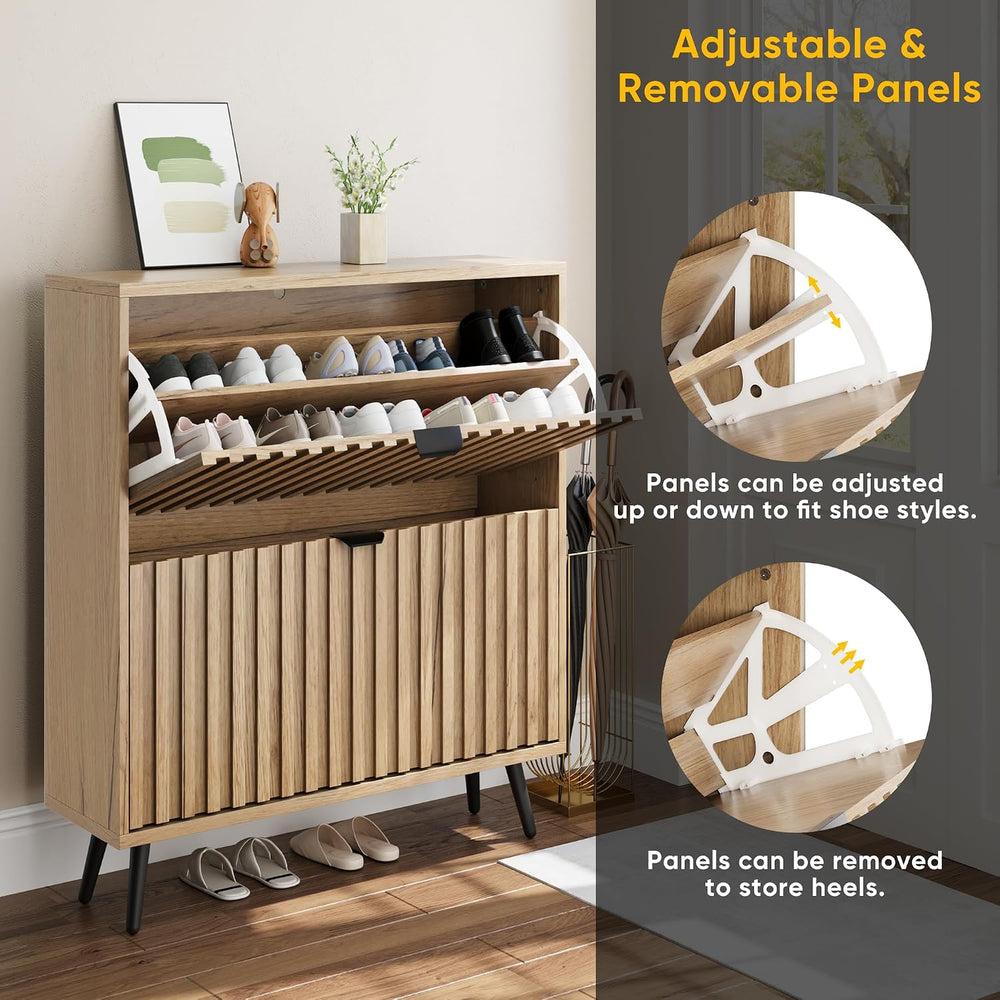 Smuxee Shoe Cabinet with 2 Flip Drawers, 31.5" Natural Hidden Shoe Stora...