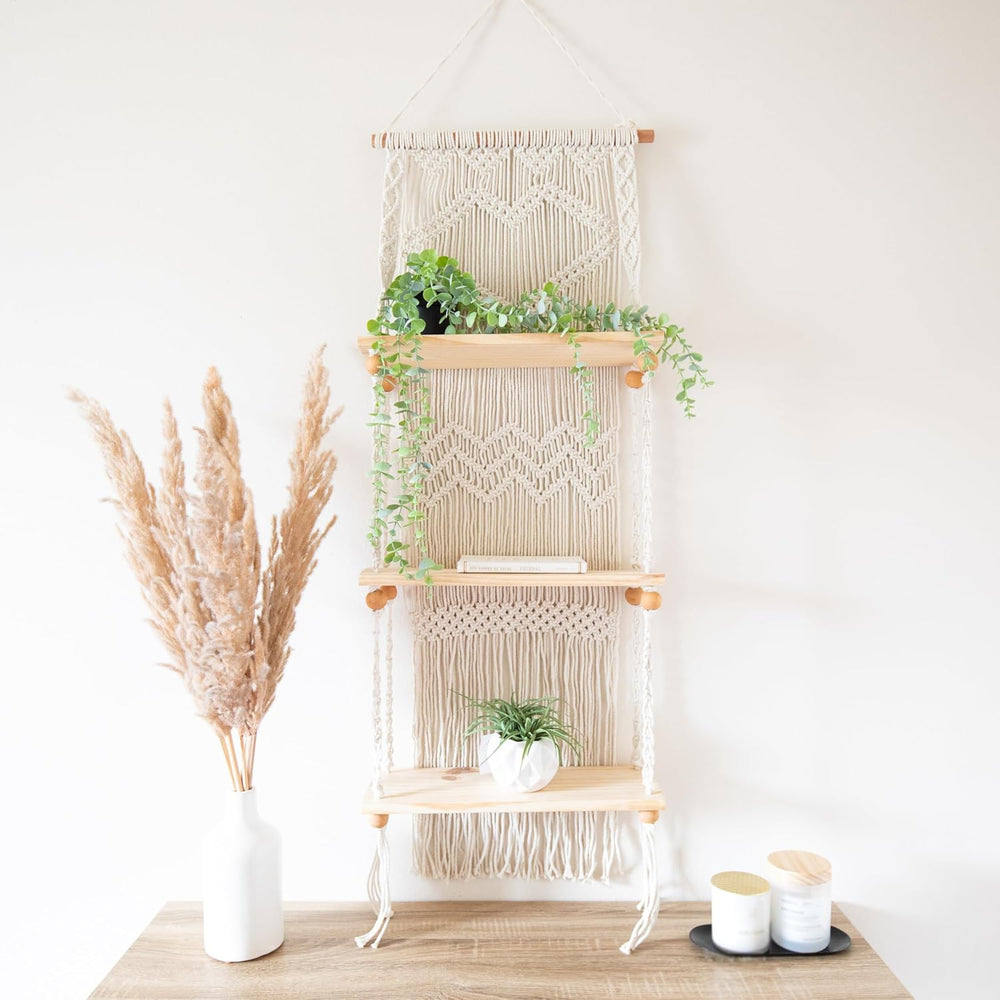 SnugLife Macrame Wall Hanging Shelf - 3 Tier Wall Plant Hanger Shelves with H...