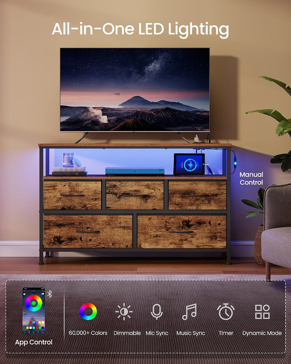SONGMICS Dresser with App-Controlled LED Lights, 5 Fabric Drawers Dresser