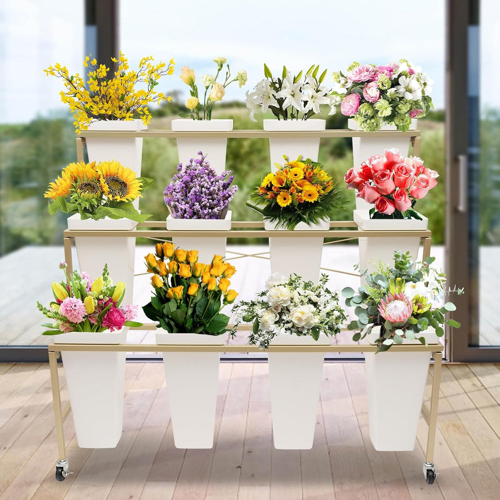 Flower Display Stand with 12Pcs Buckets, 3-Layer Metal Display Stand Decorati...