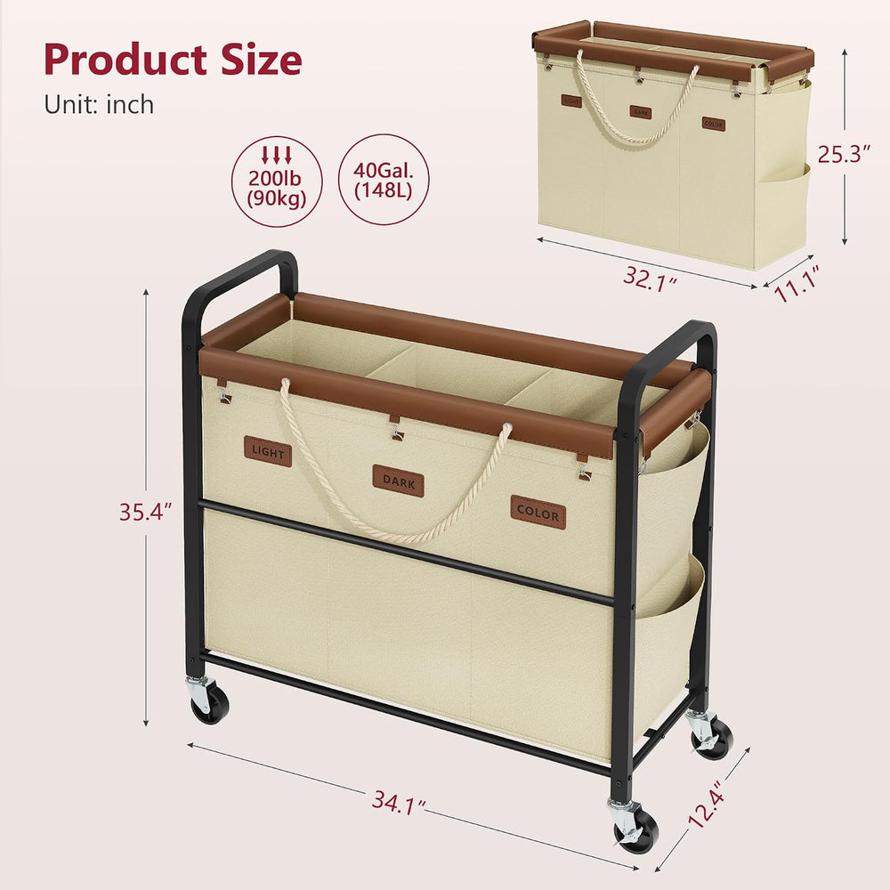 Tajsoon 148L Large Laundry Sorter 3 Section, Beige