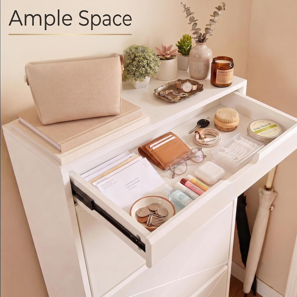 Slim White Shoe Cabinet with 3 Flip Drawers & X-Design for Entryway