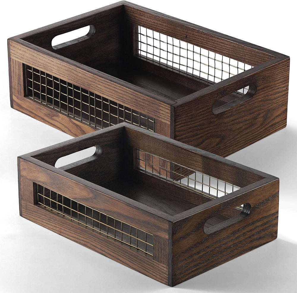 Set of 2 Wooden Countertop Baskets with Sturdy Wire Mesh & Handles