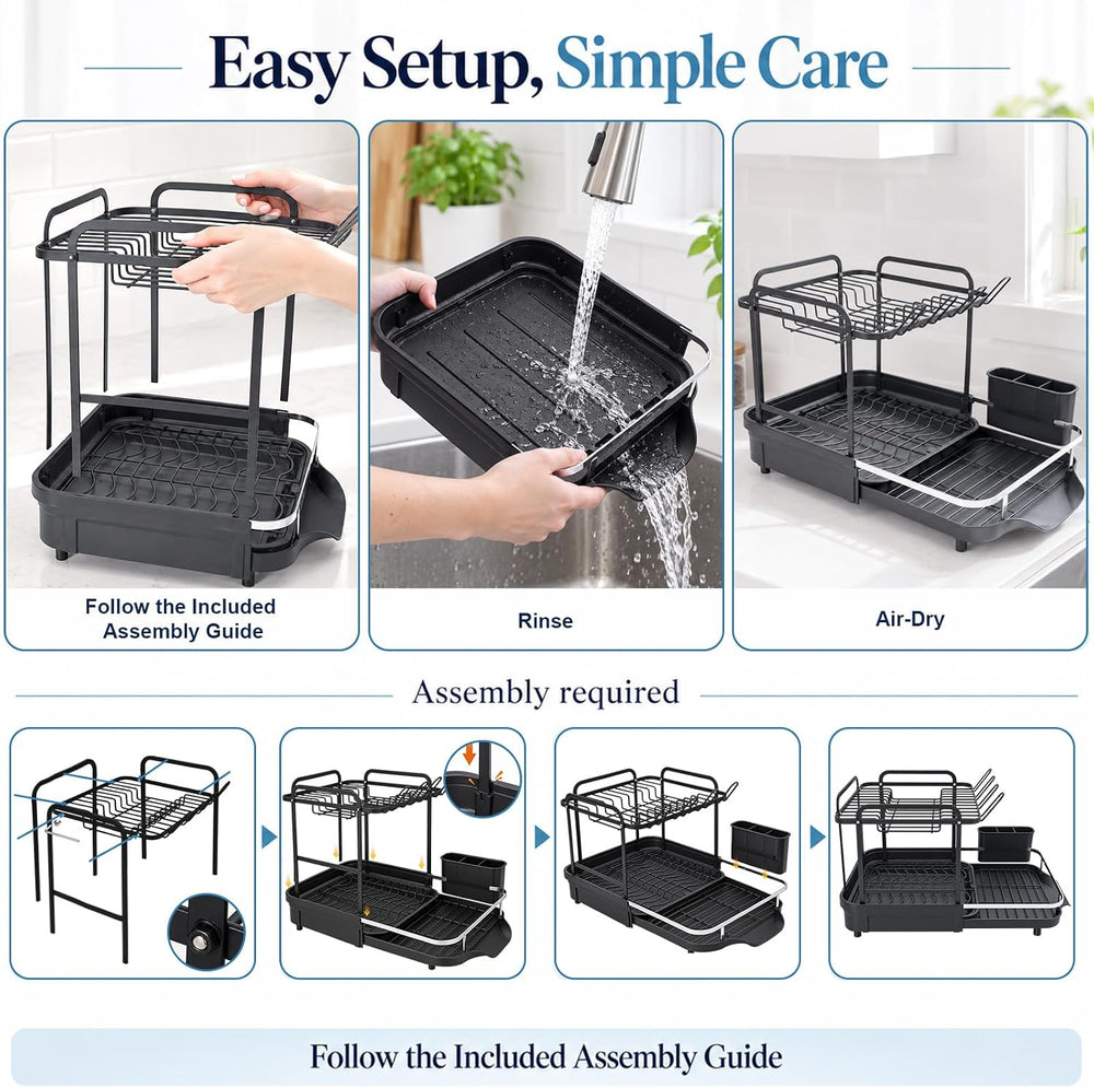 2 Tier Dish Drying Rack, Dish Drainer with Drainboard Set, Black
