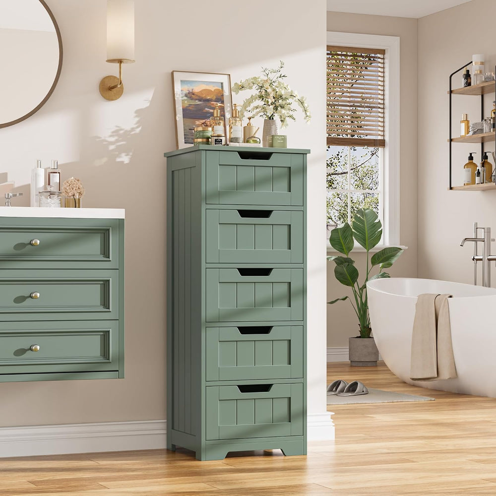 FOTOSOK Bathroom Cabinet, Bathroom Storage Cabinet with 5 Drawers, Green