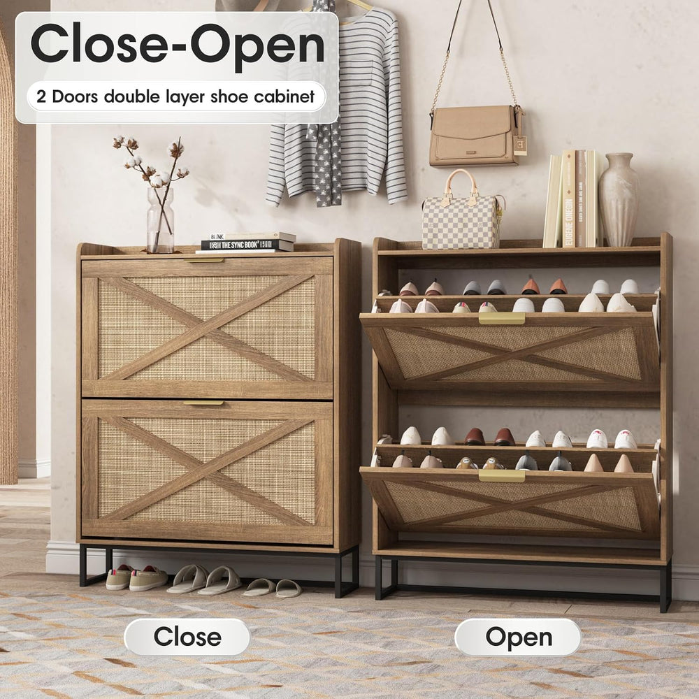 Maupvit Shoe Storage Cabinet with 2 Rattan Flip Drawers, Freestanding Organiz...