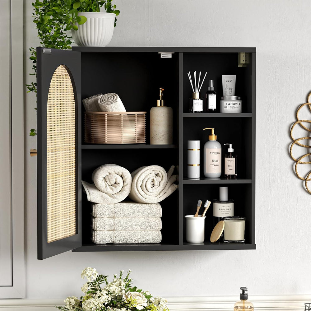 Rattan Bathroom Wall Cabinet, Boho Medicine Wall Cabinets with Door and Adjus...