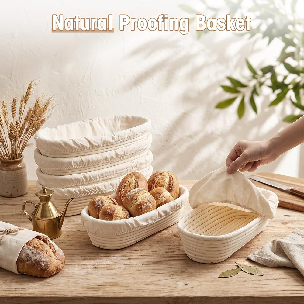 Vesici 14 Inches Baguette Banneton Proofing Basket 6 Pack with Linen Liner Ba...
