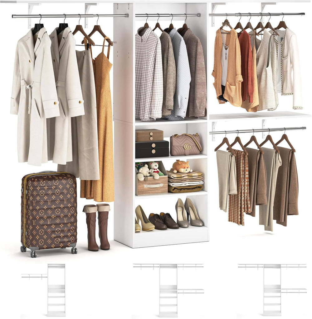 8FT Closet System with 3 Wooden Storage Shelves, 96'' Closet Organize...