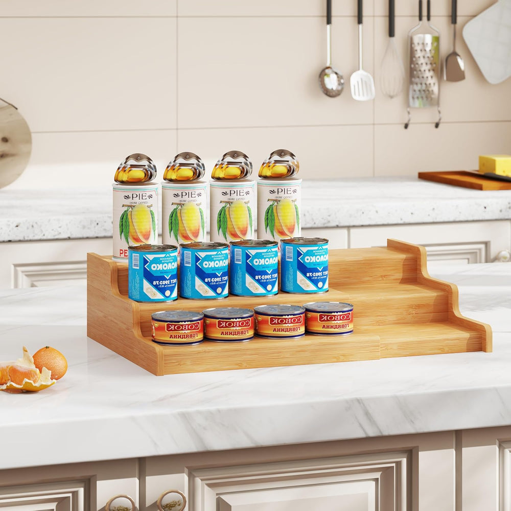 Expandable Bamboo Can Rack Organizer for Pantry, 3-Tier Adjustable Can Storag...