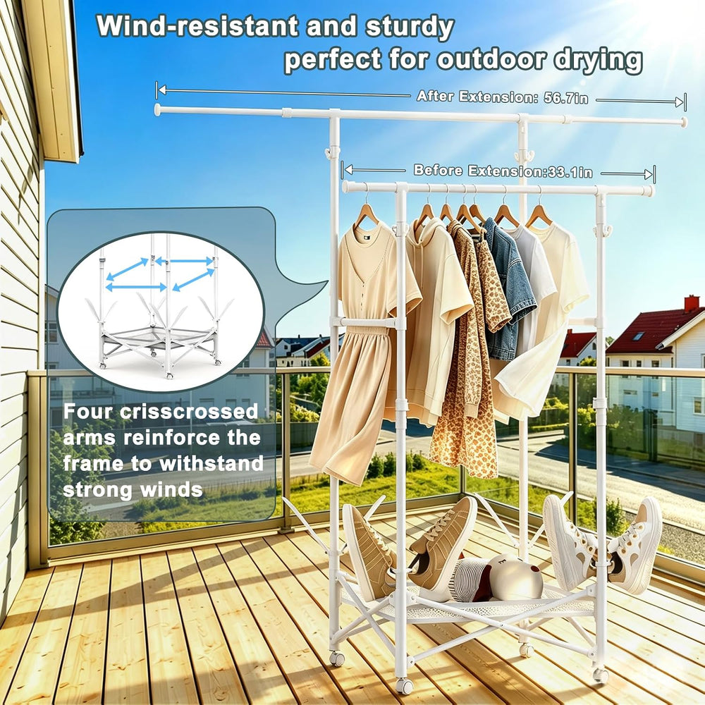 Portable Foldable Clothes Drying Rack - Adjustable Double Extendable Rods (33...