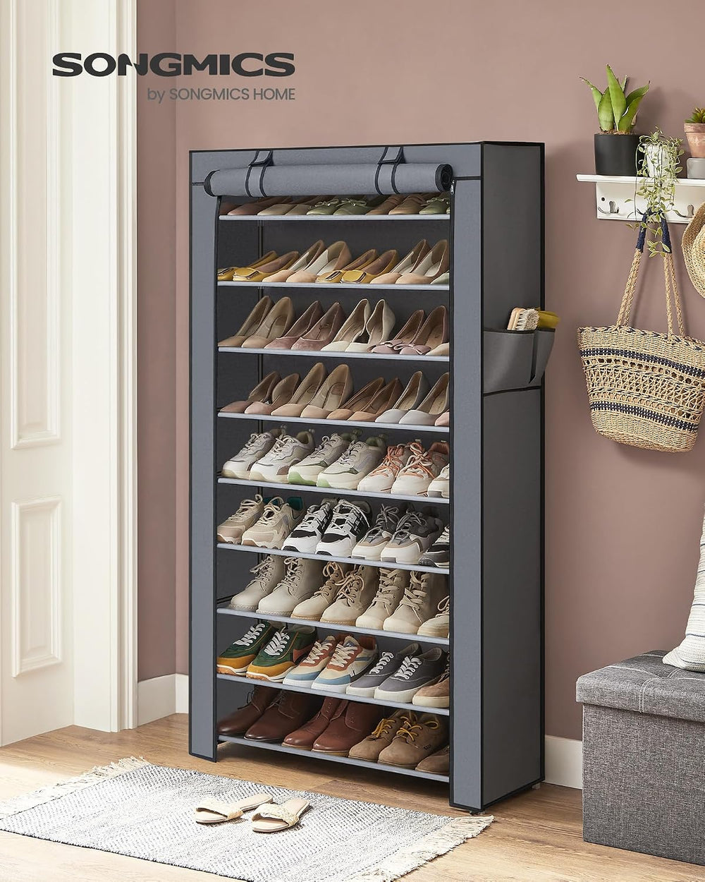 SONGMICS 10-Tier Shoe Rack with Cover, Shoe Storage Cabinet for 40-50 Pairs