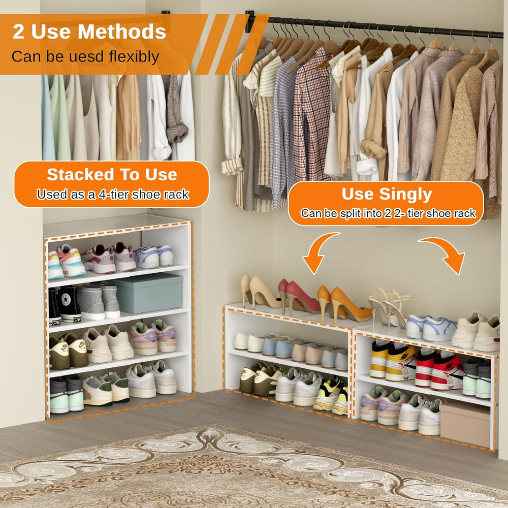 4-Tier Expandable Shoe Rack for Closet,White Shoe Organizer Shelf for Entrywa...