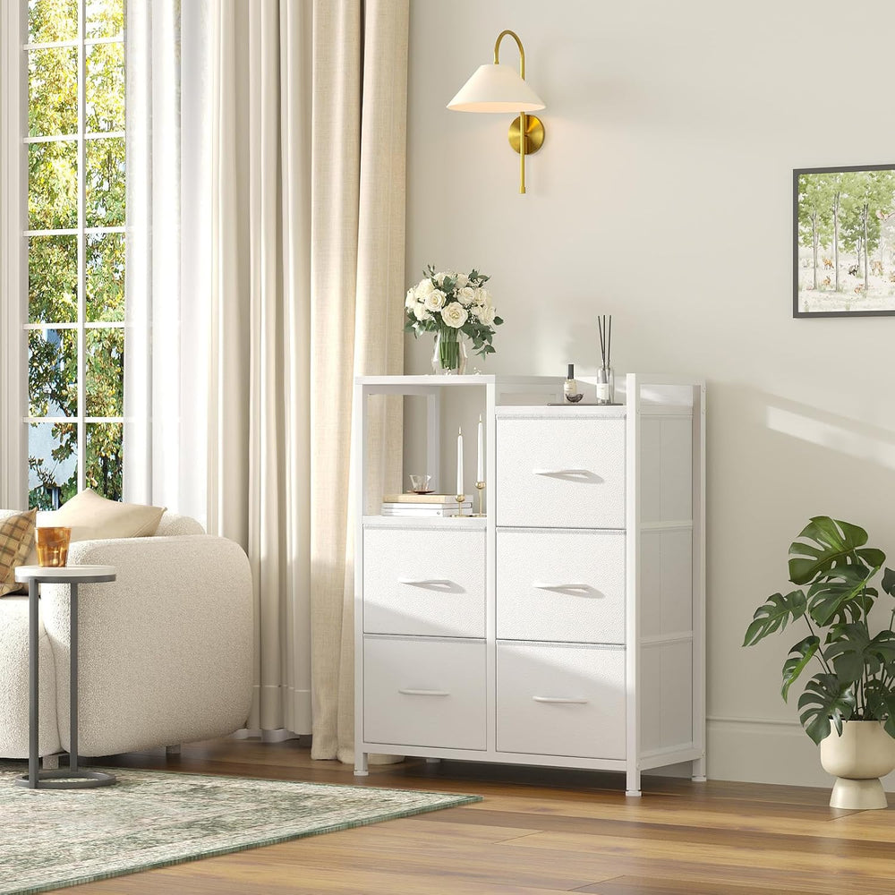OLIXIS Fabric Dresser, 5 Drawer White Storage Tower with Open Shelf