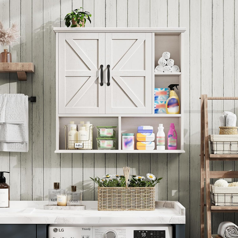Bathroom Wall Cabinet, Farmhouse Medicine Cabinet with Doors, Rustic White