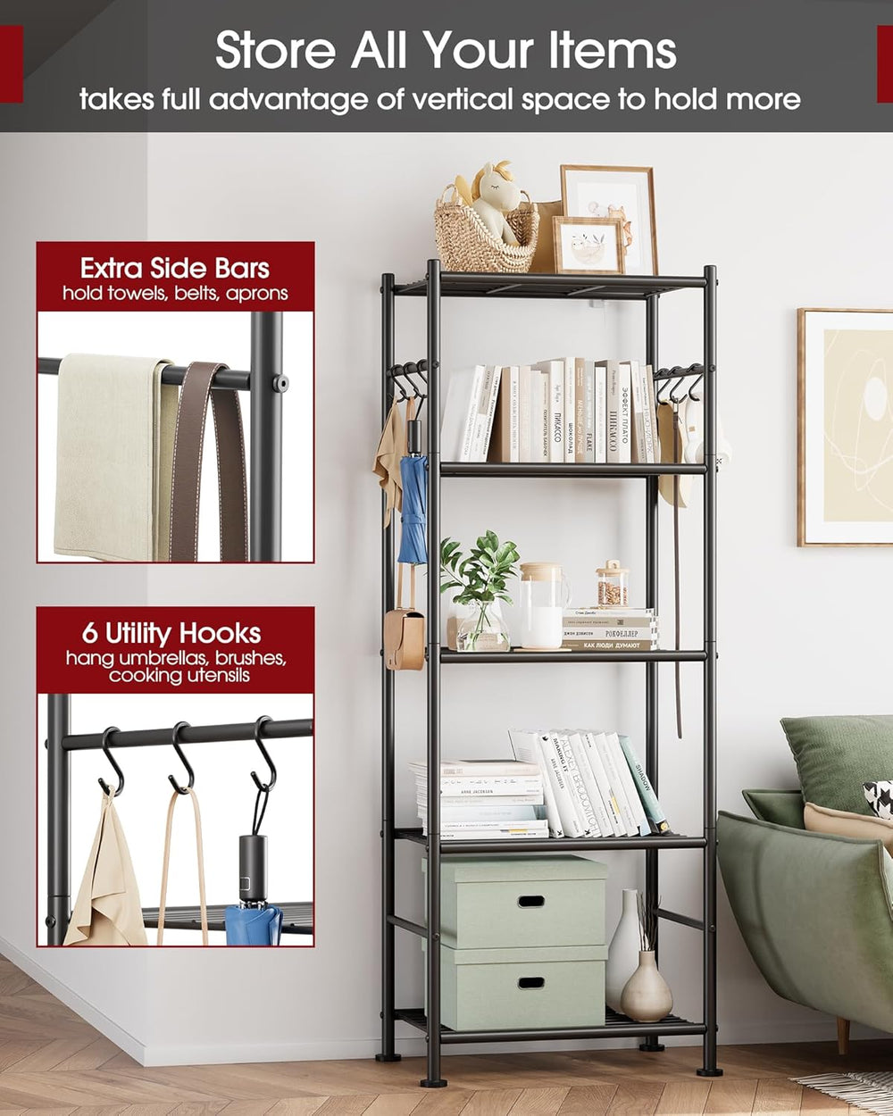 Sakugi 5-Tier Storage Rack Organizer with Hooks, Heavy Duty Metal Garage Rack...