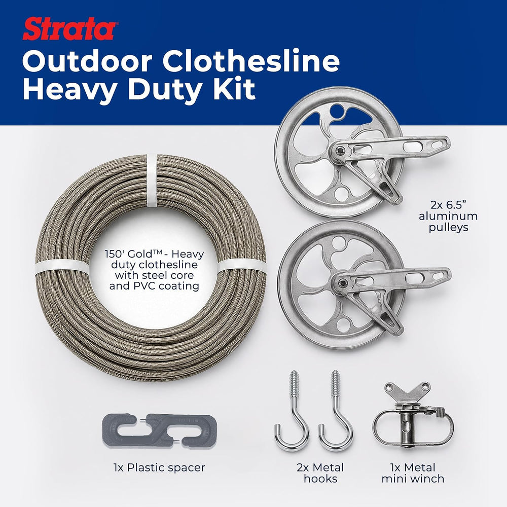 STRATA Heavy-Duty Clothesline Kit, 150 ft Steel Cable, Gold & Silver