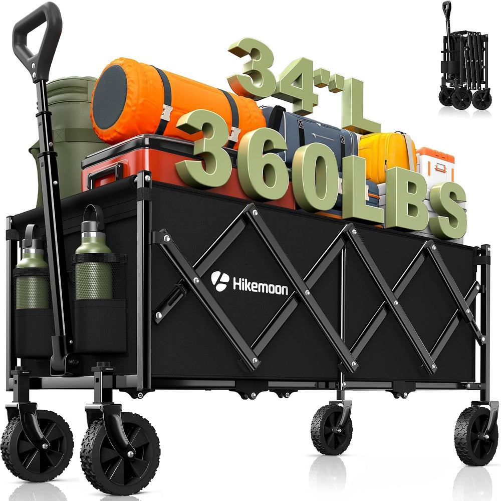 HIKEMOON 34'' Extra Long Folding Portable Wagon Cart, 120L 360LBS Black