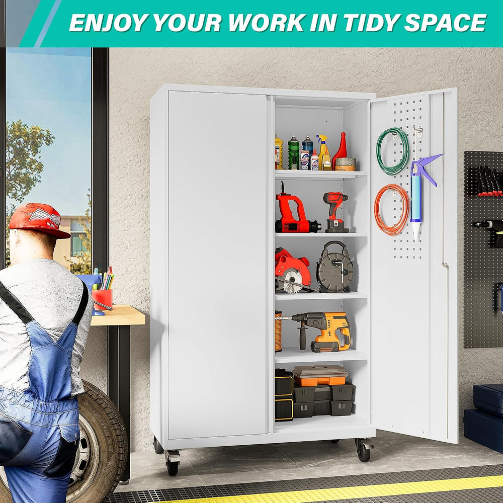 White Wide & Deep Metal Storage Cabinet with Wheels,Tall Rolling Garage S...