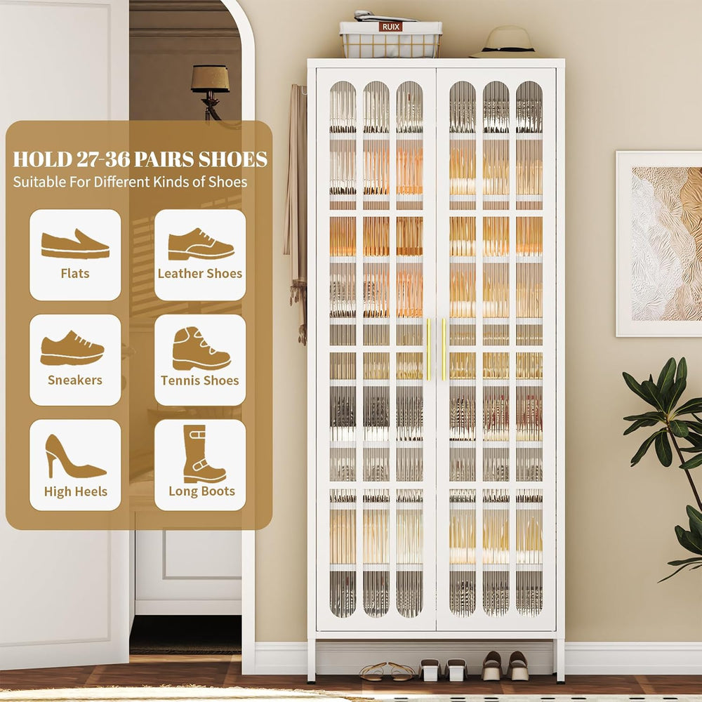 9-Tier Tall Metal Shoe Cabinet with Doors & Hooks, 67" Large Shoe St...